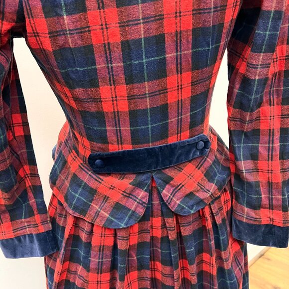 Vintage Lanz Originals 80s Red Plaid Velvet Trim Peplum Tartan Dress Sz XS - Picture 3 of 15